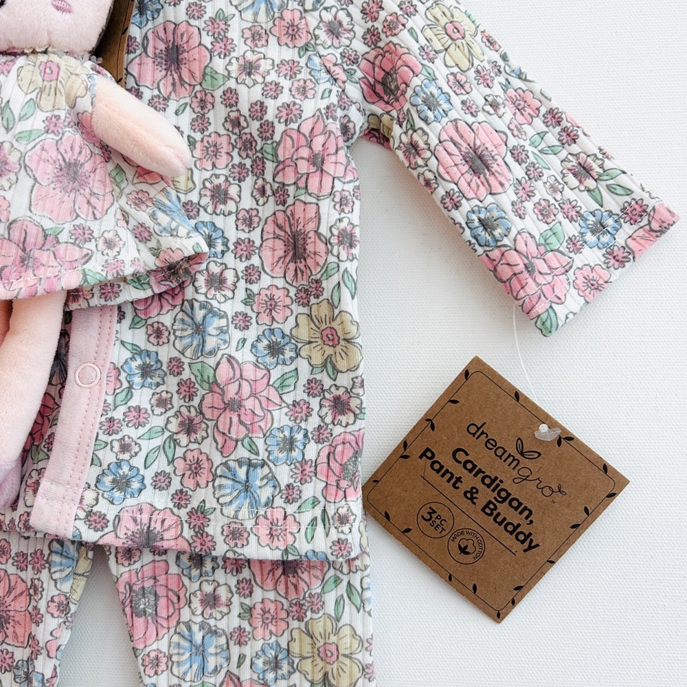 🌸 Dreamgro Floral Cardigan, Pant & Buddy Set | NWT | 0–3 Months 🌸 - Picture 5 of 6